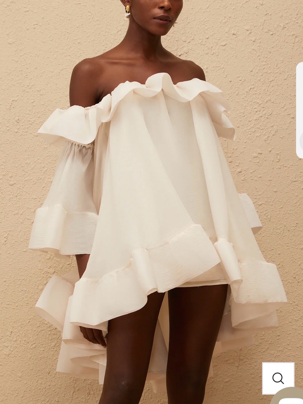 Off-Shoulder Ruffle High-Low Dress in Cream